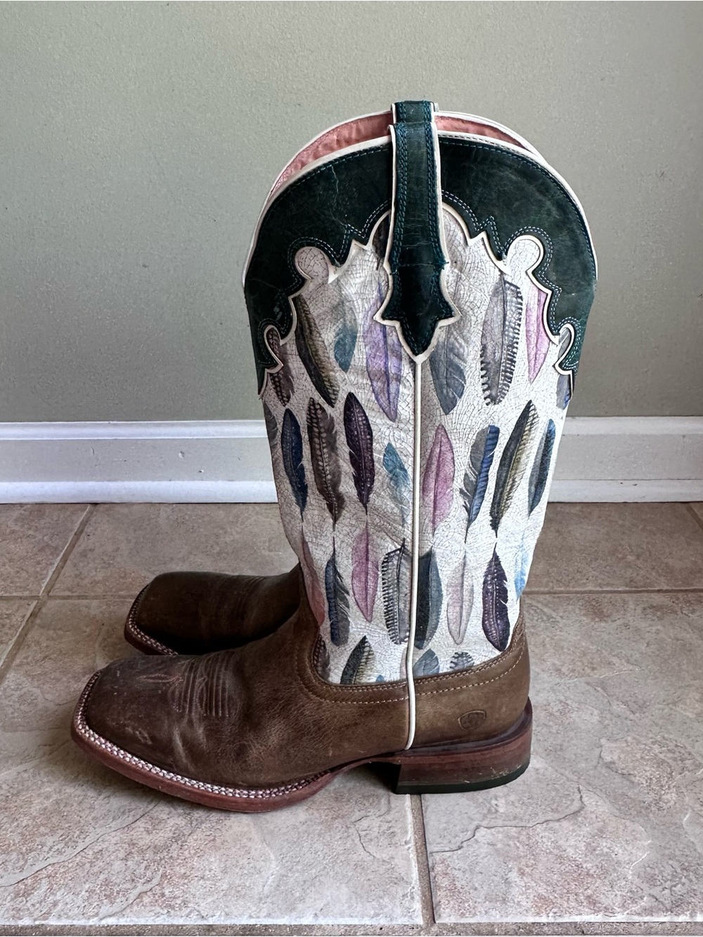Ariat Fonda Western Boots Feather Print Brown Leather Square Toe - Picture 7 of 10